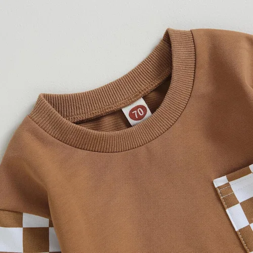 Vista 4 de Conjunto de sudadera de manga larga con retazos a cuadros para bebé, 2 piezas, para otoño e invierno