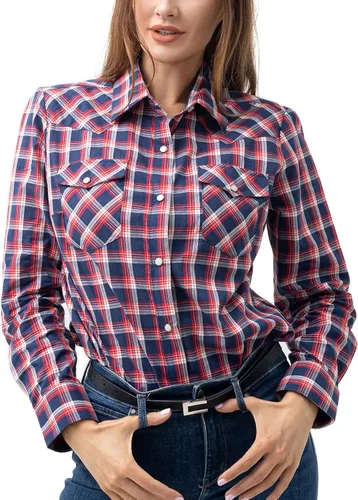 Vista 7 de PASHARTUK Camisas occidentales para mujer, camisas de manga larga de algodón para mujer con botones a presión, camisas a cuadros para mujer Beige