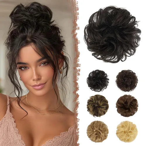 Vista 19 de FESHFEN - Extensiones de moño desordenado humano 100% cabello real, piezas de cabello rizado, extensiones de cola de caballo, cabello ondulado