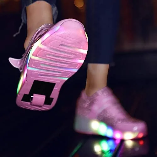 Vista 8 de Nsasy - Zapato deportivo para niña con ruedas para patinar y luces. Tenis deportivo con luces Led para niñas, regalo navideño para niños, rosado