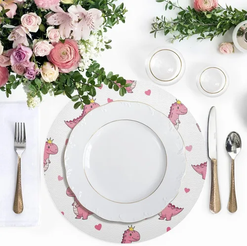 Vista 5 de Cute Pink Cartoon Dinosaurs Dinner Table Placemats, Heat Resistant Non Slip PVC Placemats Round for Kitchen one sizex4