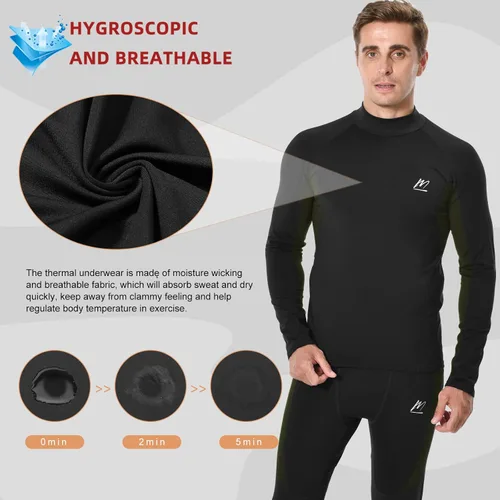 Vista 4 de Men's Fleece Lined Long Johns Base Layer Set Top Bottom for Ski Running Cold Weather