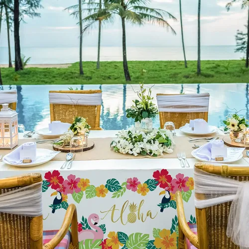 Vista 4 de Suministros para fiesta tropical Luau de flamencos, mantel desechable de plástico impermeable para decoraciones de fiesta de playa hawaiana, 3