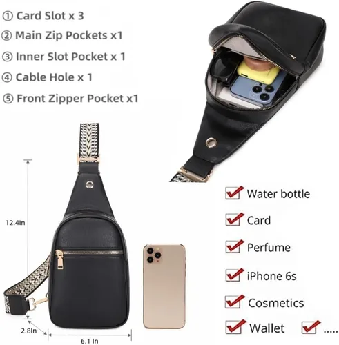 Vista 5 de WSRYDLDJ - Cangurera pequeña de cuero para mujer, cangurera cruzada de cuero, bolsa de pecho para mujer, Negro W