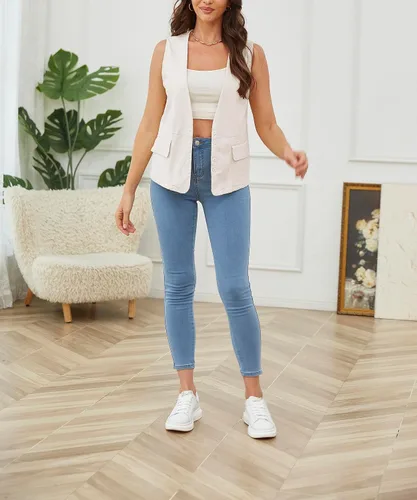 Vista 7 de HAOZHIYU Women's Sleeveless Cotton Linen Vest Fashion Casual V Neck Waistcoat lightweight Tops