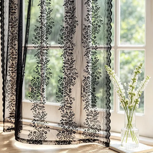 Vista 8 de Cortinas de encaje transparente negro floral de 84 pulgadas de largo, 2