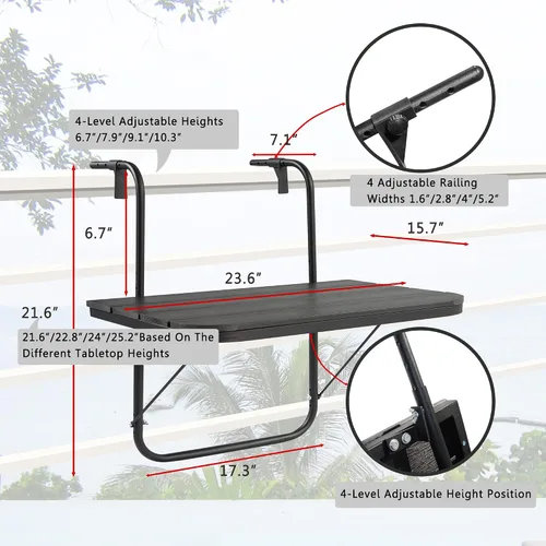 Vista 2 de Mesa de balcón colgante para barandilla de balcón al aire libre, mesas de bar para barandillas de aluminio plegable ajustable para patio, terraza