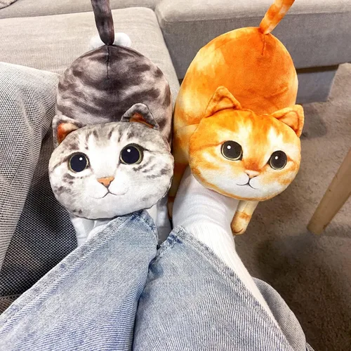 Vista 2 de Divertidas pantuflas de gato mullidas para mujer, zapatos de casa esponjosos, bonitas pantuflas de animales para interiores y exteriores, suaves