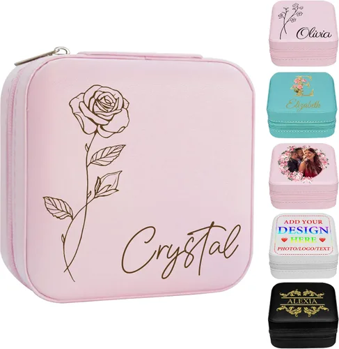 Vista 8 de Joyero personalizado con nombre, joyero de viaje portátil personalizado, organizador de joyas de cuero, cajas de dama de honor, boda, regalo