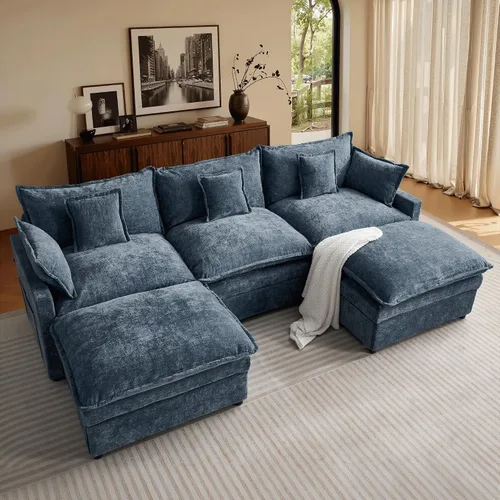 Vista 14 de ovios Sofá modular Cloud de 108 pulgadas con 2 otomanas, sofá en forma de U de 5 plazas, cómodos sofás de felpilla con 5 almohadas para sala de Gris
