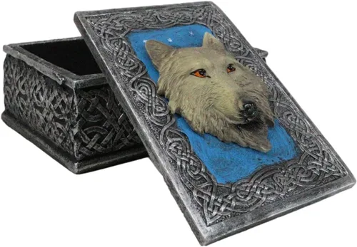 Vista 3 de Ebros Gift Figura decorativa rectangular de lobo alfa con elemento de noche estrellada azul celta como recuerdo, almacenamiento de joyas, decoración