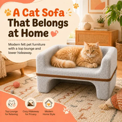 Vista 2 de Cama grande para gatos de interior, cama cueva para gatos de 2 niveles con salón superior y escondite inferior, sofá lavable de fieltro PET