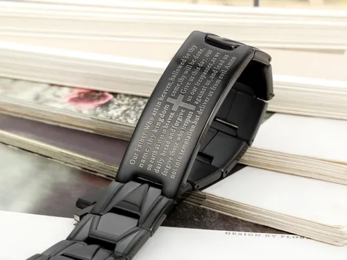 Vista 3 de Flongo Pulsera vintage de acero inoxidable para hombre, con cruz negra, con texto en inglés