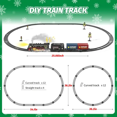 Vista 3 de Funwee Juego de tren para debajo del árbol de Navidad, juguete de tren eléctrico con humo, luces y sonido, modelo de tren de locomotora con pista