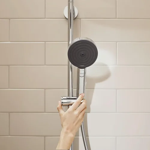 Vista 3 de hansgrohe Pulsify S Ducha de mano de 12 pulgadas con 1 chorro, barra deslizante y manguera PowderRain, Lluvia Intensa, Masaje Pulsante en níquel