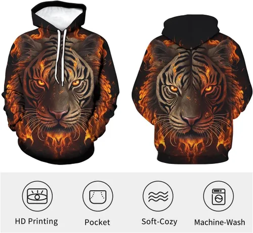 Vista 3 de Sudadera con capucha impresa en 3D con patrón de tigre para hombre, sudadera fresca de moda deportiva