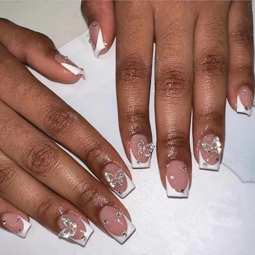 Vista 29 de Uñas postizas cortas cuadradas MABKJLF, uñas francesas falsas con gradiente, uñas de cobertura completa, flores blancas, uñas falsas con diseños