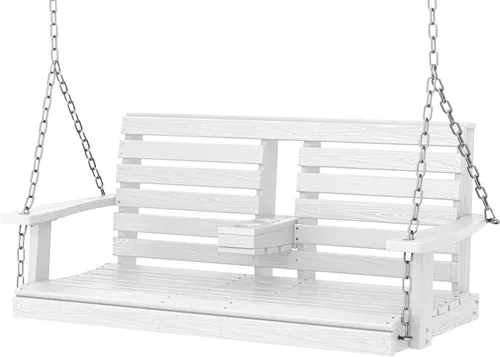 Vista 16 de KINGYES Columpio colgante para porche al aire libre, silla de patio de 2 asientos con portavasos, banco impermeable para patio y jardín, capacidad
