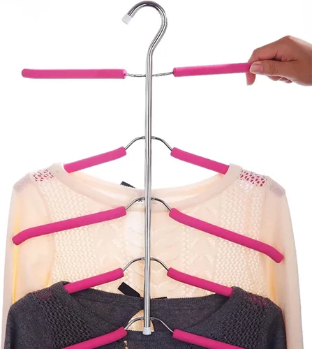 Vista 7 de Paquete de 3 perchas de ropa 5 en 1 que ahorran espacio cromadas y de espuma para blusas, árboles, perchero de ropa antideslizante de acero