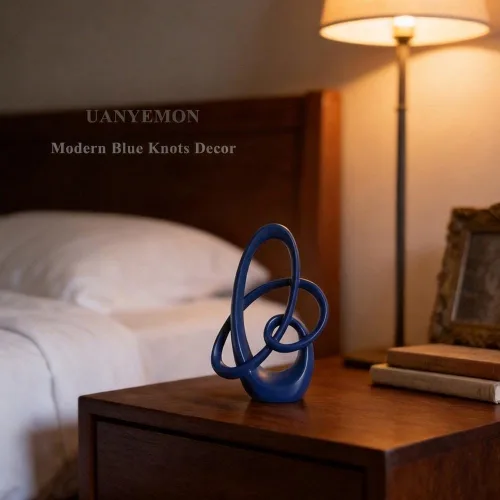 Vista 7 de Decoración moderna de nudos azules, estatua de nudo azul de resina de 7.1 pulgadas, escultura de arte abstracto azul marino, decoración del hogar
