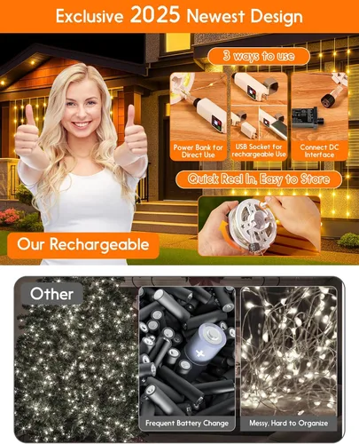 Vista 2 de Anpro Luces de Cadena para Exteriores e Interiores: 66 Pies 200 LED Luces de Cadena Recargables para Exteriores, Recogida Rápida, Luces de Camping