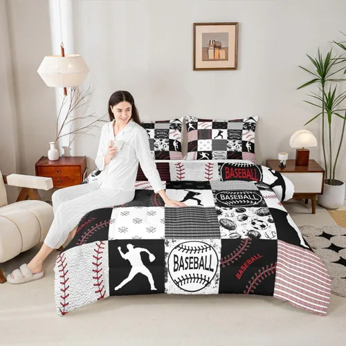 Vista 5 de Erosebridal - Juego de edredón individual para niños con diseño de béisbol y sóftbol, juego de cama deportivo acolchado para niños, edredón