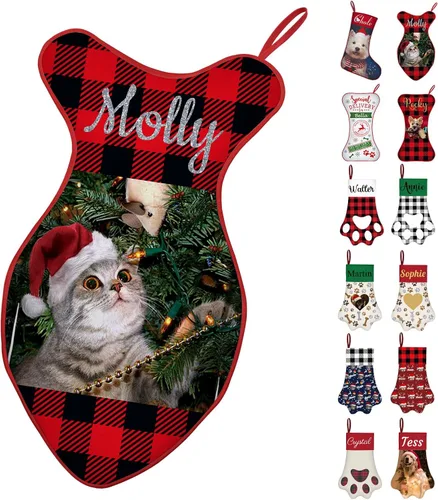 Vista 8 de Calcetines de Navidad personalizados con foto de nombre, medias personalizadas en forma de hueso para perros, gatos, mascotas, medias de Navidad