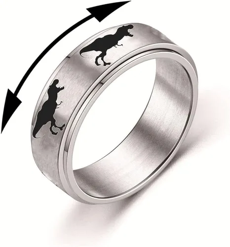 Vista 2 de COLORFUL BLING Anillo de dinosaurio punk de acero inoxidable, bonito tiranosaurio antiansiedad, para mujeres y hombres, para aliviar el estrés