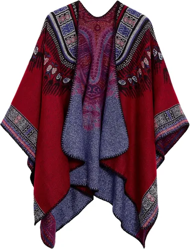 Vista 17 de Chal estilo poncho de frente abierta con patrón vintage para mujer, abrigo de invierno Serie 15-negro