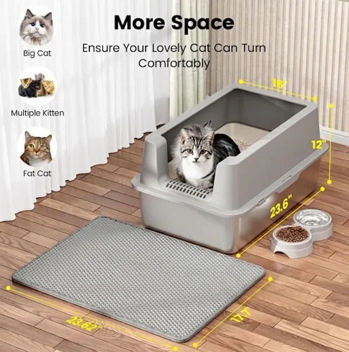 Vista 5 de Caja de arena de acero inoxidable para gatos - Caja de arena XL de metal cerrada con tapa para gatos grandes, de lados altos, anti-fugas, fácil