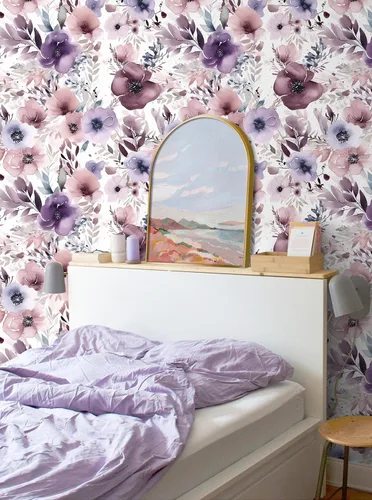 Vista 4 de HAOKHOME Papel tapiz floral para despegar y pegar, papel de pared extraíble, papel de vinilo color malva/púrpura/blanco para pegar en la pared