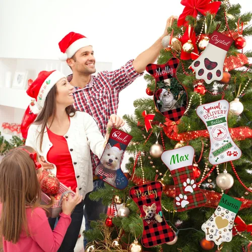 Vista 7 de Calcetines de Navidad personalizados con foto de nombre, medias personalizadas en forma de hueso para perros, gatos, mascotas, medias de Navidad