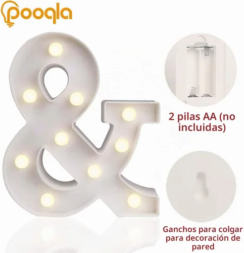 Vista 2 de Pooqla - Anuncio de letras del alfabeto con luces LED para decoración de bodas, cumpleaños, fiestas, Navidad, hogar, bar