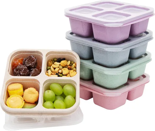 Vista 10 de Paquete de 4 cajas de almuerzo Bento, contenedores de preparación de comida de 2 compartimentos con tapas, aptos para microondas y lavavajillas