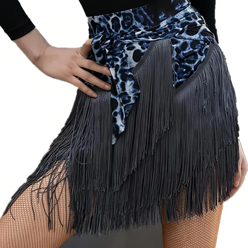 Vista 4 de Faldas de baile para mujer, diseño de baile latino, delantal, tango, borla y bufanda a la cadera Negro leopardo estampado