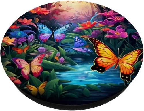 Vista 2 de Mariposas de colores en bosque mariposa PopSockets estándar PopGrip