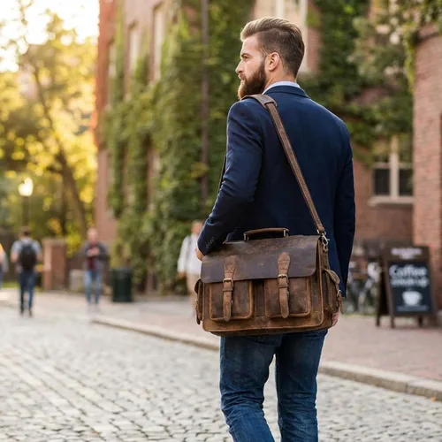 Vista 2 de cuero Bolso de mensajero retro marrón para computadora portátil, maletín de oficina, bolsa de viaje cruzada para hombres y mujeres, bolsa de oficina