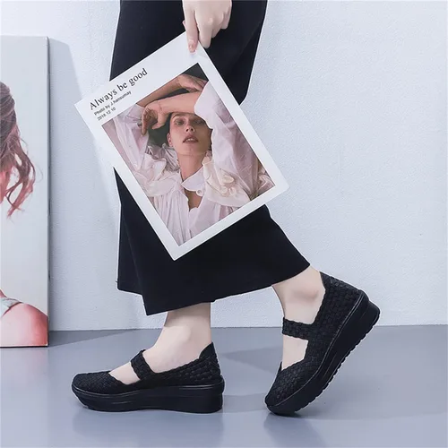 Vista 3 de EnllerviiD - Sandalias de cuña Mary Jane para mujer, zapatos de plataforma con bombas elásticas, cómodos para el trabajo y uso casual 669negro
