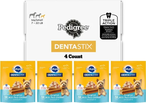 Vista 36 de Pedigree Dentastix Golosinas dentales para perros pequeños de doble sabor, tocino y pollo, bolsa de 5.08 onzas (24 golosinas)