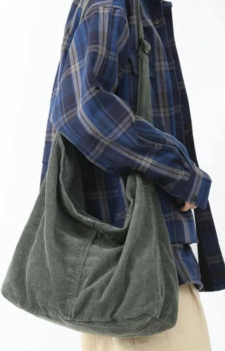 Vista 2 de Bolso de mano de pana para mujeres y hombres, bolso de hombro de pana grande, bolso de mano casual, bolso cruzado de pana suave, bolso de mano