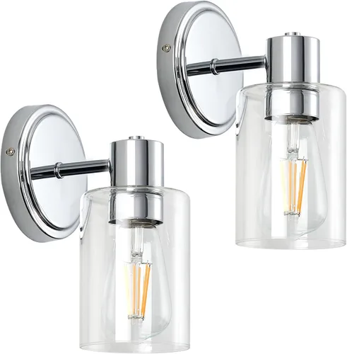 Vista 9 de Apliques de Pared de Baño de 2 Luces con Cristal Transparente, Luces de Pared de Baño Sobre Espejo, Luces de Tocador Cromadas con Base E26