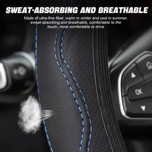 Vista 4 de LoyaForba Funda para volante de automóvil, funda de cuero de microfibra antideslizante para volante, protector de mango suave para vehículos, Azul
