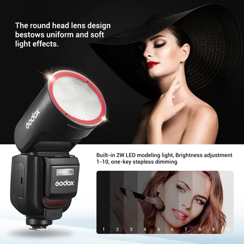 Vista 8 de GODOX V1 Pro F Flash para Fuji, 2.4G TTL Flash de cámara de cabeza redonda para Fujifilm HSS 1/8000s, batería de iones de litio de carga USB-C, 500