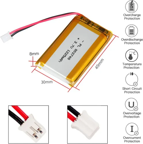 Vista 4 de YDL 3.7V 1225mAh 802748 Lipo batería recargable de iones de polímero de litio con conector PH2.0.000 in JST