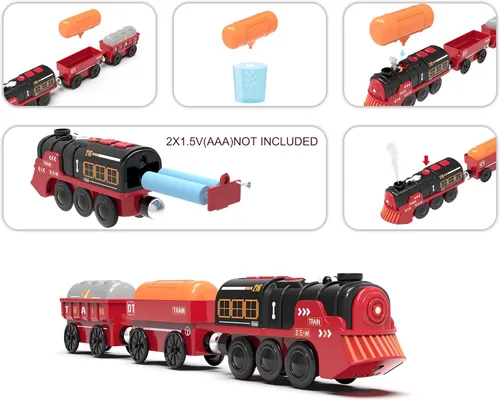 Vista 4 de Juego de tren eléctrico de juguete para pistas de madera, juguete de tren locomotora con control remoto para niños, compatible con Thomas, Brio