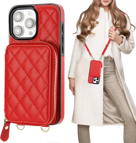 Vista 10 de Bocasal Funda tipo cartera cruzada para iPhone 15 Pro Max, con bloqueo RFID, de piel sintética, con cremallera, funda tipo cartera con función atril