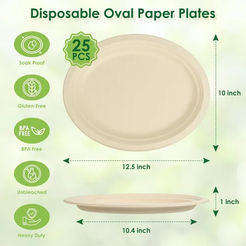 Vista 2 de Platos de papel ovalados compostables, 12.5 pulgadas, paquete de 25 platos desechables de bagazo resistentes, ecológicos, biodegradables