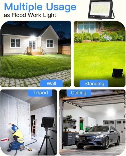 Vista 8 de Luz de inundación LED de 120 W para exteriores con enchufe, luces de seguridad superbrillantes de 14400 lm con cable de 5 pies, luz de trabajo LED