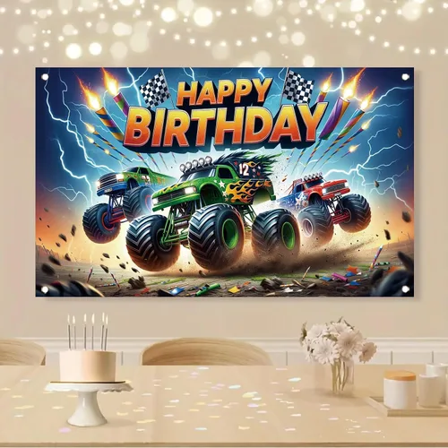 Vista 8 de Fondo de cumpleaños de Monster Truck, 70.8 x 43.3 pulgadas, poliéster, multicolor, cumpleaños, incluye telón de fondo con temática de camión