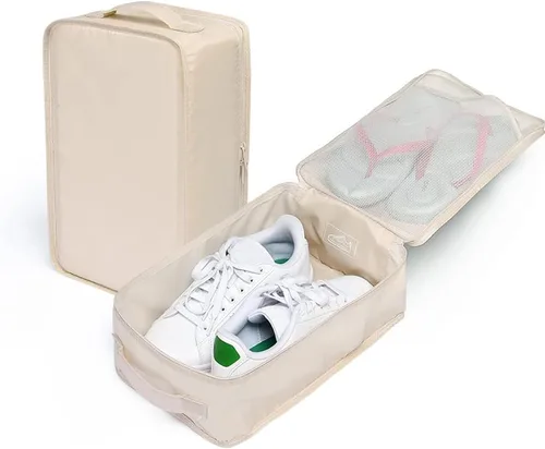 Vista 5 de JJ POWER Bolsas de viaje para zapatos, organizador plegable impermeable para zapatos de doble capa, Crema, Uso diario